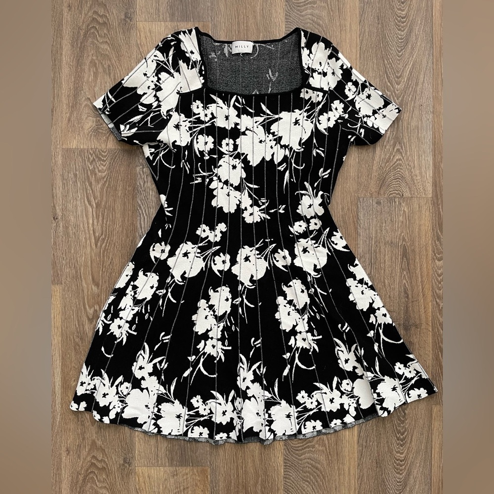 Milly Floral Knit Mini Dress Black White Fit Flare 90s Inspired Dress M/L